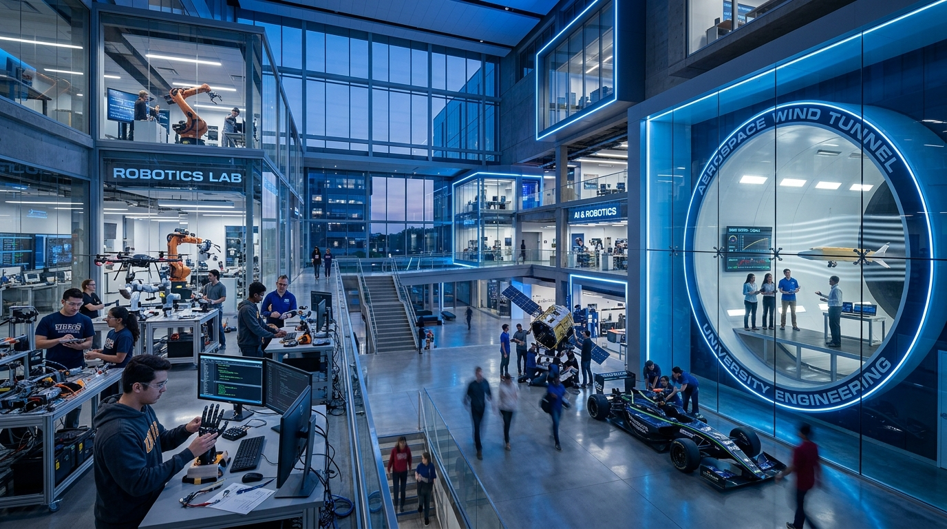 Apex Institute of Engineering students working in a modern robotics and aerospace lab